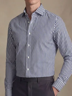 Easy-iron navy blue striped poplin shirt