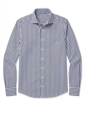 Easy-iron navy blue striped poplin shirt
